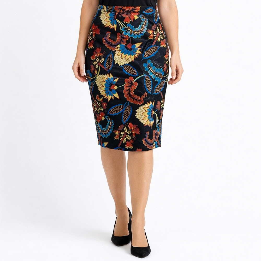 NEW Size 12 Intriguing Threads Black Multicolor Floral Cotton Pencil Skirt